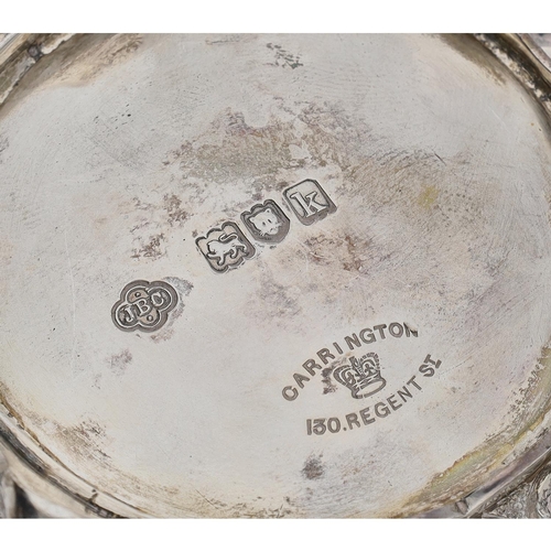 567 - Pair of Edward VII silver salts, having heavy cast fruit rim and raised on three stylised feet, make... 