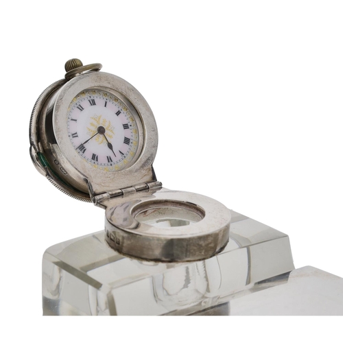 569 - Edward VII silver mounted glass desk stand, the ink well with inset watch, over a stamp bos with two... 