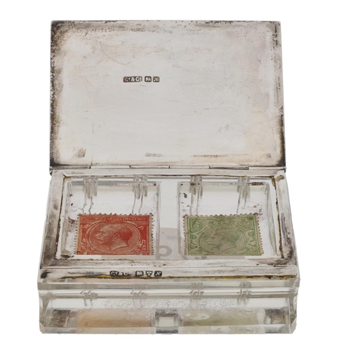571 - George V silver mounted glass stamp box, modelled as a book of stamps, maker E.J Clewley & Co., ... 