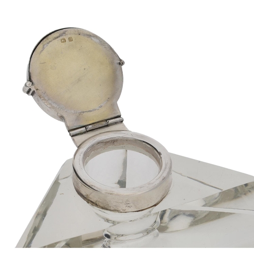 573 - Silver mounted glass desk stand with ink bottle, the hinged silver cover with slide stamp container ... 