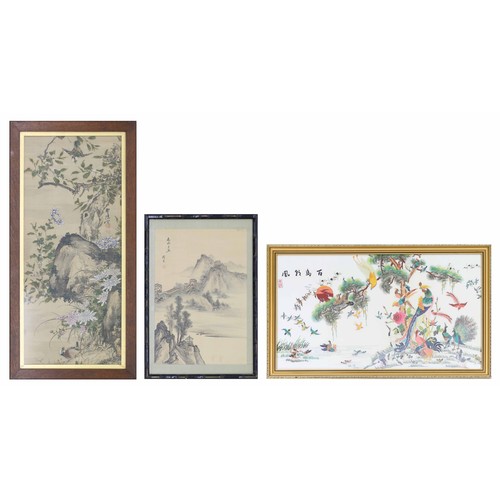 672 - Chinese School, late 19th/20th century - a watercolour depicting birds among trees and flowering shr... 