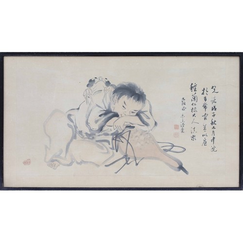 673 - Chinese School, late 19th/20th century - a watercolour of a recumbent figure, signed and inscribed, ... 