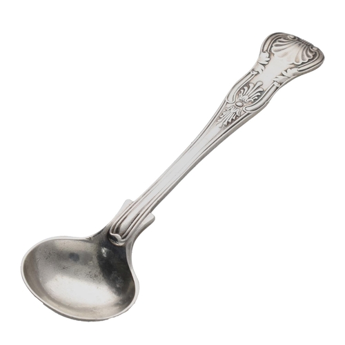 582 - Good heavy cast silver mustard pot with hinged cover, having a leaf capped handle and raised on shel... 