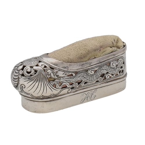 461 - Pretty Chinese export white metal pin cushion modelled as a pierced slipper with dragons and scroll ... 
