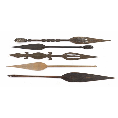 629 - Group of five African carved wood ceremonial paddles, in various timbers, one carved with names and ... 