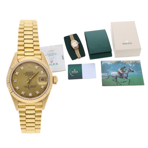 SERVICED IN FEBRUARY 2026 & UNDER GUARANTEE UNTIL FEBRUARY 2028 - Rolex Oyster Perpetual Datejust 18ct lady's wristwatch, reference no. 69178, serial no. R442xxx, circa 1987, fluted bezel, diamond set champagne dial, president bracelet, 75.38gm, 26mm