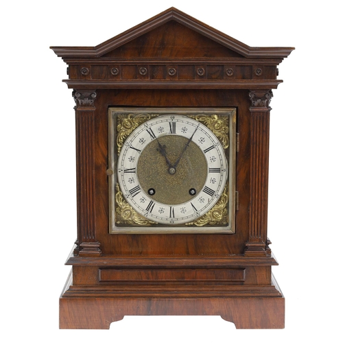1207 - German walnut ting-tang two train mantel clock, the Lenzkirch movement no. 12562 striking the quarte... 