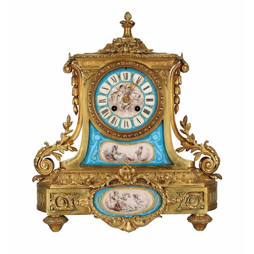 1219 - Good French ormolu and porcelain mounted two train mantel clock, the Japy Freres & Co movement b... 