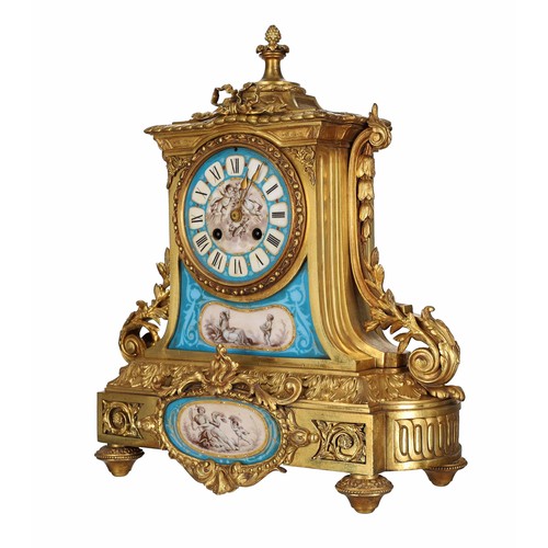 1219 - Good French ormolu and porcelain mounted two train mantel clock, the Japy Freres & Co movement b... 