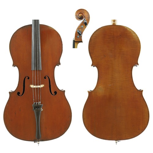 171 - Good late 19th century French violoncello, unlabelled, the two piece back of fine curl with similar ... 