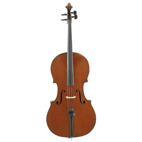 171 - Good late 19th century French violoncello, unlabelled, the two piece back of fine curl with similar ... 