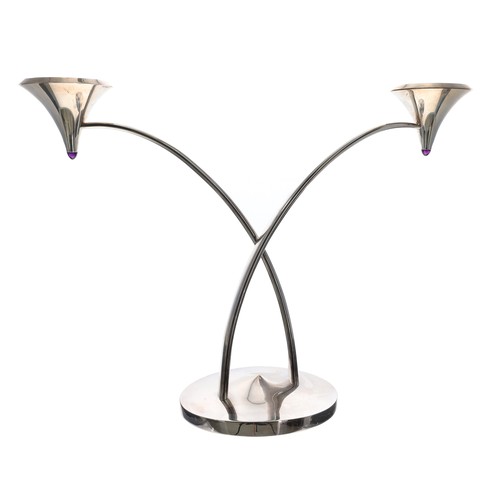 63 - Good Hamilton & Inches modernist sterling silver two branch candelabra, having two cone sconces ... 