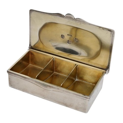 George V Scottish silver stamp box, having a gilt three division interior, maker James George, Edinburgh 1919, 3.5" wide, 200gm
