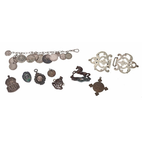 98 - Kings Liverpool Regiment cap badge, ARP badge and three other badges; silver medallion fob 4.9gm; si... 