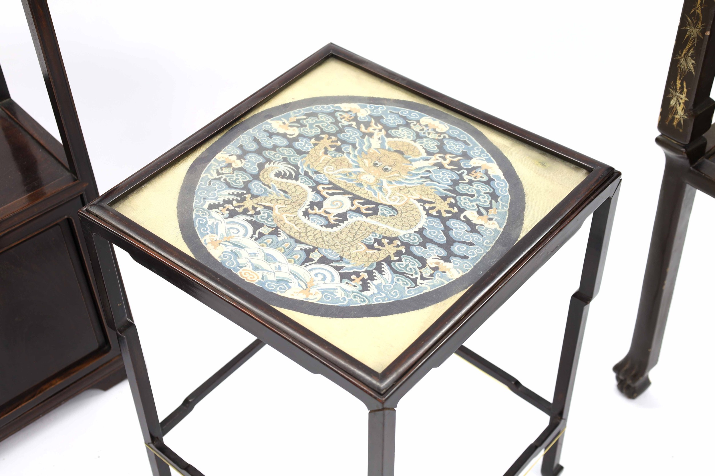 Chinese chinoiserie lacquered two tier rectangular side table, 17