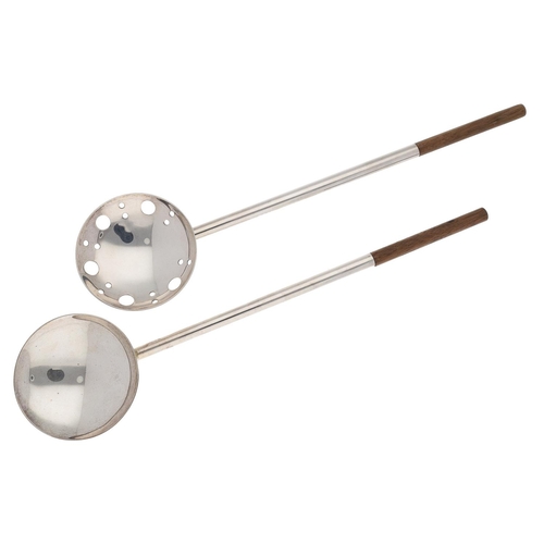 62 - Pair of Shona Marsh silver and wood salad servers, one with a pierced bowl, hallmarked London 2017, ... 