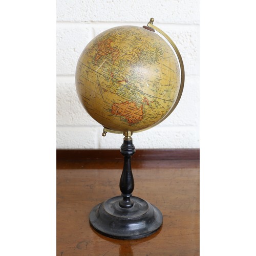 102 - Geographia 6 inch terrestial globe, with ebonised baluster stem and circular base, 13