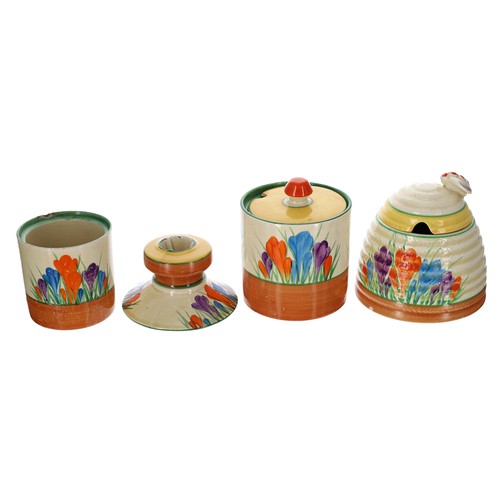 117 - Group of Clarice Cliff 'Autumn Crocus' pattern wares, comprising a cylindrical preserve jar and cove... 