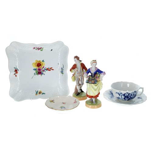 129 - 19th century Meissen dessert dish, of shaped square outline, with relief moulded border and polychro... 