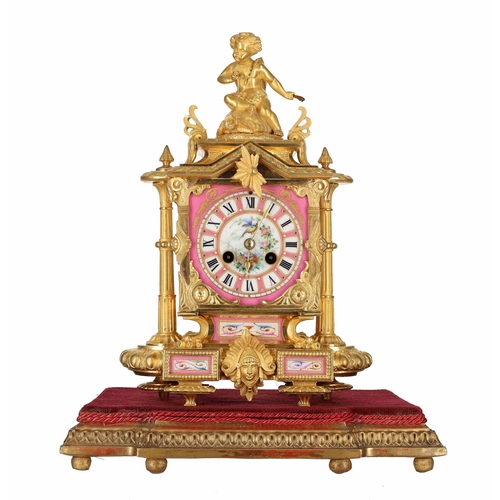 1223 - Attractive 19th century French porcelain and ormolu mantel clock, the brass drum two train movement ... 