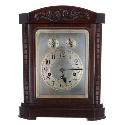 1233 - Junghans three-train chiming mantel clock, the movement striking on gongs, silvered Arabic numeral d... 