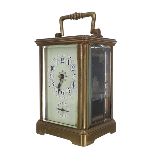 1007 - French brass alarm carriage clock, the pale green dial with an Arabic numeral dial over a subsidiary... 