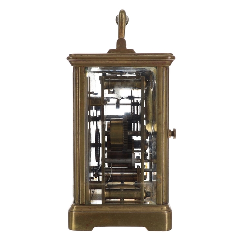 1007 - French brass alarm carriage clock, the pale green dial with an Arabic numeral dial over a subsidiary... 