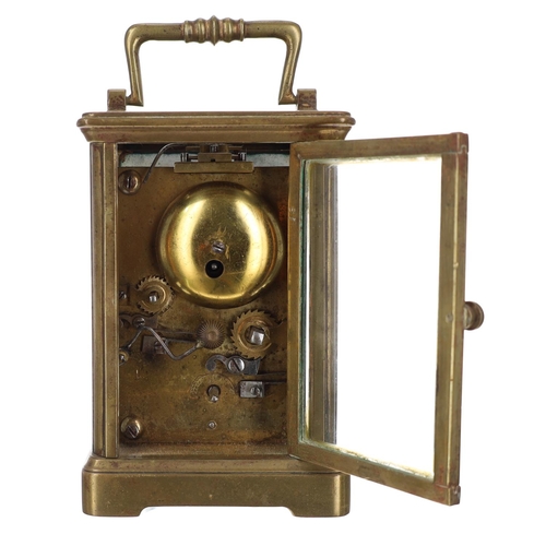 1007 - French brass alarm carriage clock, the pale green dial with an Arabic numeral dial over a subsidiary... 