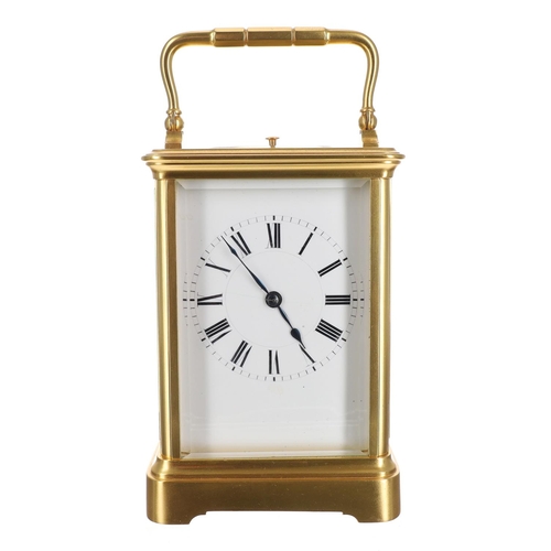 1011 - Good French striking and repeating gilt brass carriage clock by Henri Jacot, the white dial with Rom... 