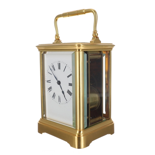 1011 - Good French striking and repeating gilt brass carriage clock by Henri Jacot, the white dial with Rom... 
