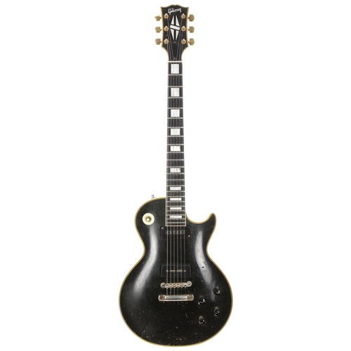 Wendell Richardson (Osibisa & Free) B.B King & Muddy Waters interest - Stage and Studio used 1956 Gibson Les Paul Custom electric guitar, made in USA, ser. no. 6 9251; Body: black finish, heavy checking, dings and marks throughout including buckle scratching to back; Neck: black finish mahogany, heavy wear throughout, vacant tuner holes to back of head; Fretboard: ebony with pearl block position markers, light wear; Frets: light wear; Electrics: working; Hardware: missing pickguard, replacement control knobs, replacement switch tip and surround, sinking to bridge, replacement Schaller tuners, replacement strap lock buttons; Case: Original hardcase; Weight: 4.78kg; Overall condition: good