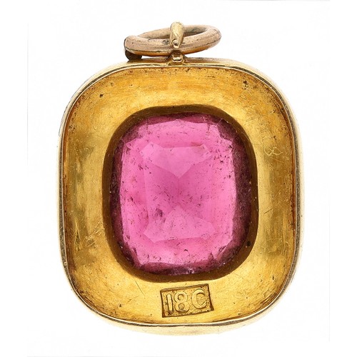 56 - Antique 18ct tourmaline set and pearl cushion pendant, 2.1gm, 15.5mm x 12.5mm