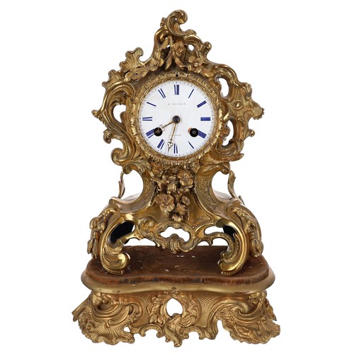 1212 - French two train ormolu mantel clock upon a shaped giltwood stand, the 2.7