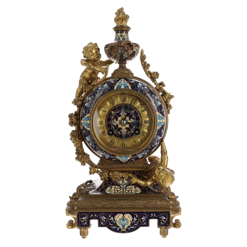Attractive 19th century French ormolu and champlevé mantel clock retailed by Le Roy & Fils, 57 New Bond Street, London, 3.25" dial with a gilded Roman numeral cartouche chapter ring and enamel centre, two-train Japy Freres movement with a stamped trademark, striking the half hour and hours on a gong, within a good blue foliate enamelled case modelled with two cherubs and garlands surmounted with an urn and flambeau finial, 14" high (with pendulum and key)