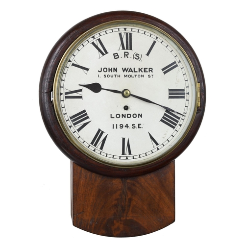1244 - Good 19th century John Walker mahogany railway single fusee drop dial wall clock, the 11