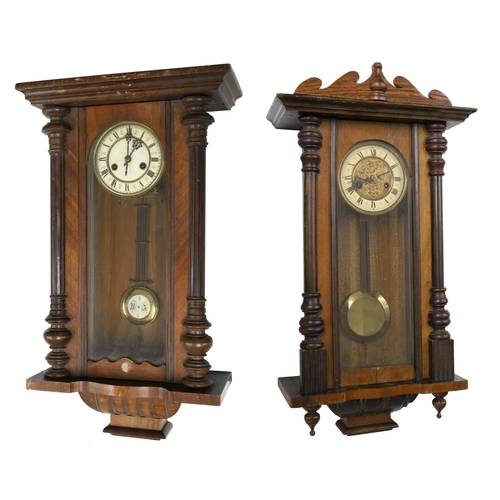 1252 - Two similar Vienna two train walnut cased wall clock (both with pendulums) tallest 31
