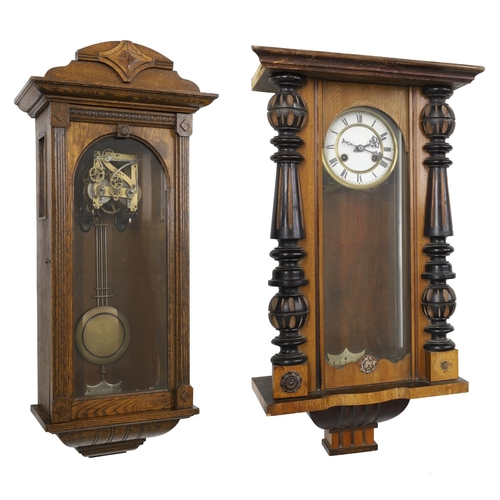 1253 - Vienna walnut and ebonised two train wall clock (no pendulum); with an oak cased two train wall cloc... 