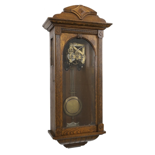 1253 - Vienna walnut and ebonised two train wall clock (no pendulum); with an oak cased two train wall cloc... 