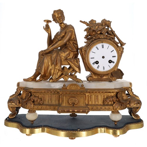 1210 - Late 19th century French gilt metal and alabaster figural mantel clock, the 3