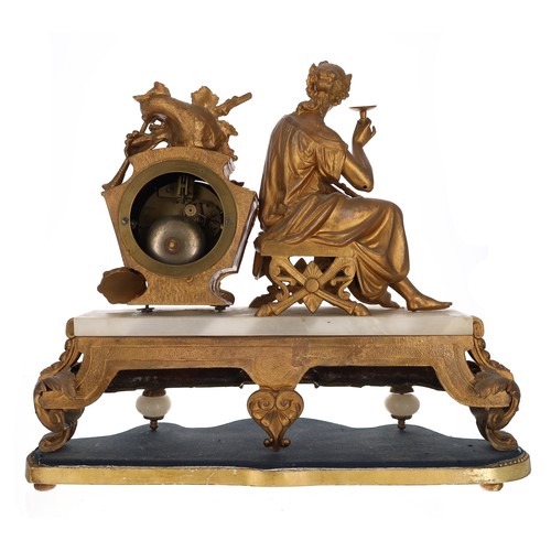 1210 - Late 19th century French gilt metal and alabaster figural mantel clock, the 3