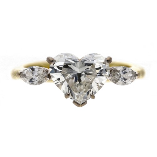 18ct yellow gold heart-cut diamond ring with marquise cut diamond shoulders, the heart 1.50ct approx, clarity VS1, colour G, width 7mm, 4.1gm, ring size J (238)