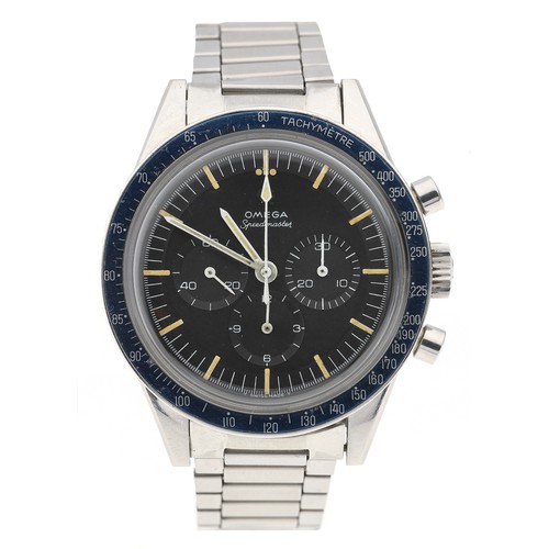 Rare Omega Speedmaster 'Ed White' Pre-Moon Chronograph stainless steel gentleman's wristwatch with the blued 'DON' bezel insert, reference no. S 105.003-64, serial no. 22081xxx, circa 1964/65, black 'T SWISS MADE T' dial with hour and minute markers, triple subsidiary dials and chronograph centre seconds, blued 'DON' tachymetre bezel, cal. 321 17 jewel movement, dust cover, signed Huguenin Freres (HF) case, Omega 7912 flat link bracelet with '6' end links dated '1 65', 40mm bezel