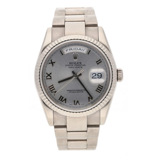 Rolex Oyster Perpetual Day-Date 18ct white gold gentleman's wristwatch, reference no. 118239, serial no. P153xxx, circa 2000, silvered dial, fluted bezel, 18ct white gold Oyster 73859 bracelet, 168.8gm, 36mm