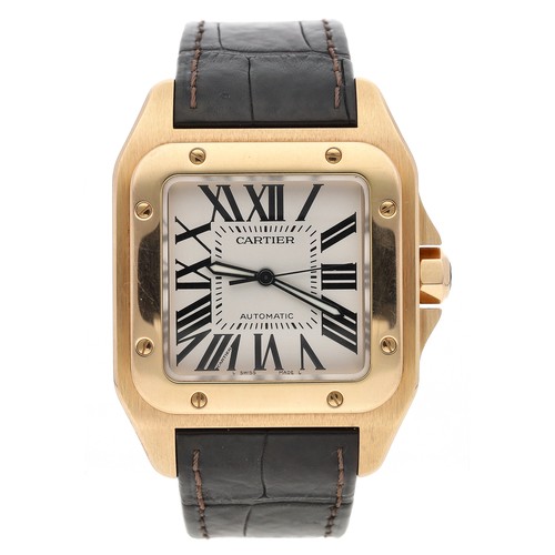 Cartier Santos 100 automatic 18ct rose gold gentleman's wristwatch, reference no. 2792, serial no. 30427xxx, silvered dial, sapphire set crown, Cartier black leather strap with 18ct rose gold butterfly clasp, 38mm (excluding crown guards)