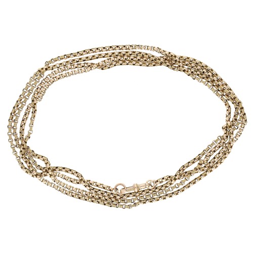 129 - Good 9ct long guard chain, 44gm, 64
