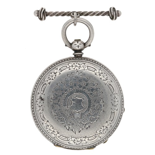 405 - Silver cylinder engraved lady's pocket watch, gilt bar movement with gilt three arm balance and regu... 