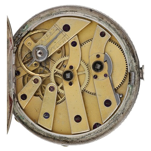 405 - Silver cylinder engraved lady's pocket watch, gilt bar movement with gilt three arm balance and regu... 