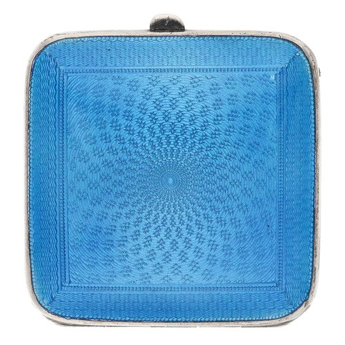 397 - Art Deco silver and blue guilloché enamel square cased folding travel purse watch, circular silvered... 