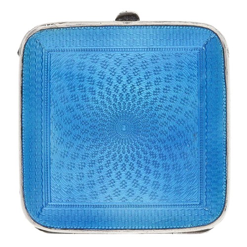 397 - Art Deco silver and blue guilloché enamel square cased folding travel purse watch, circular silvered... 