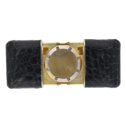 395 - Swiss alarm quartz purse watch signed Asprey with a leather bound case, 56mm wide closed... 